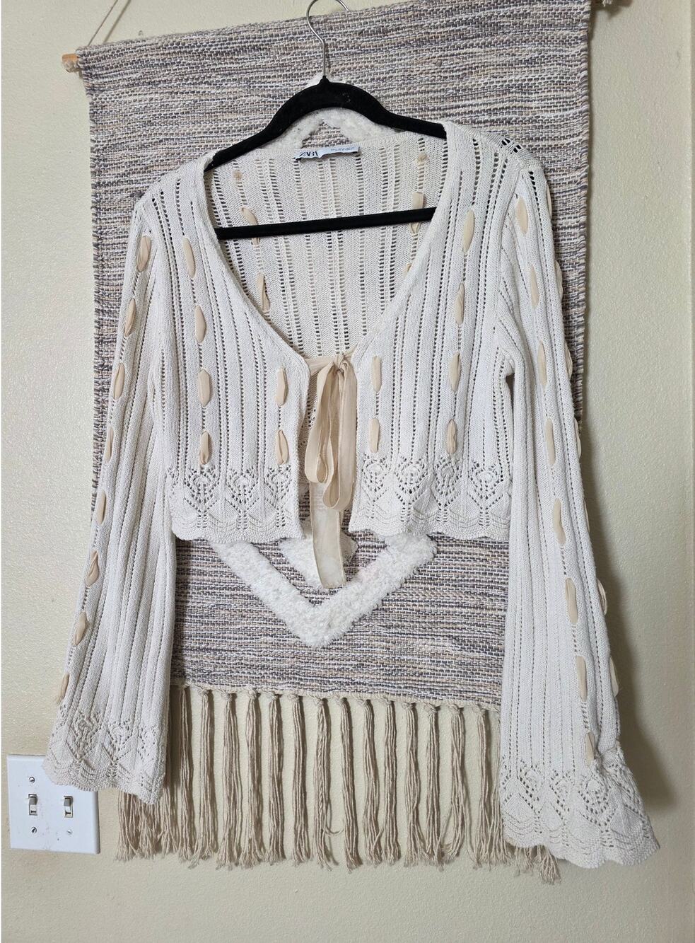 ZARA Women’s S Cream Crochet Knit Cardigan Cropped Tie Front Open Knit Boho Y2K